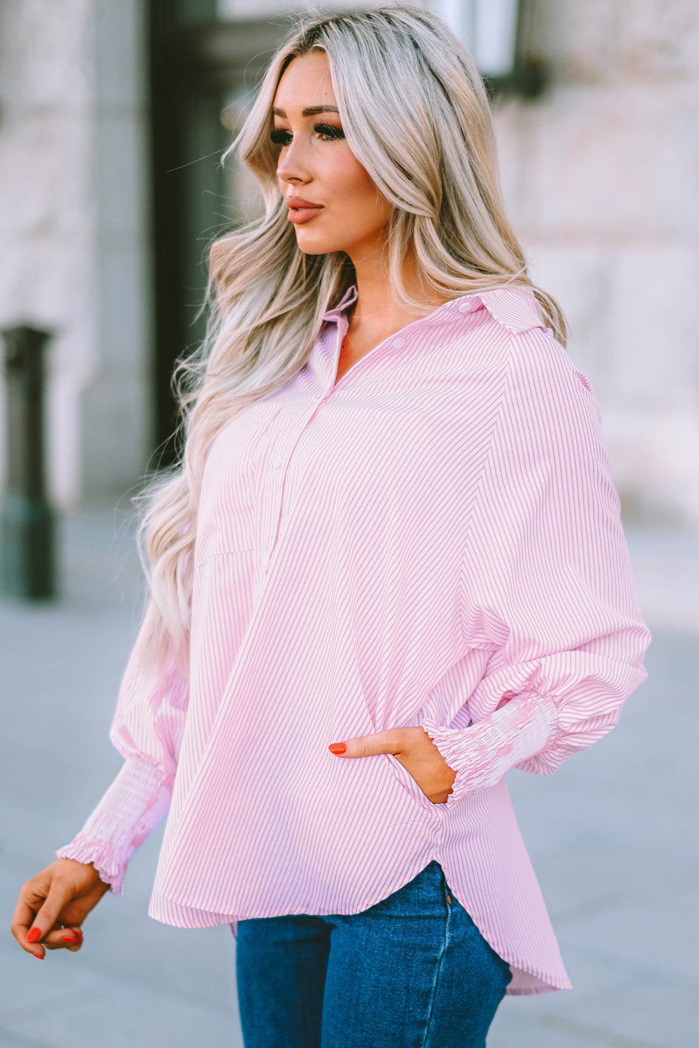Light Blue Casual Striped Shirred Cuffs Shirt