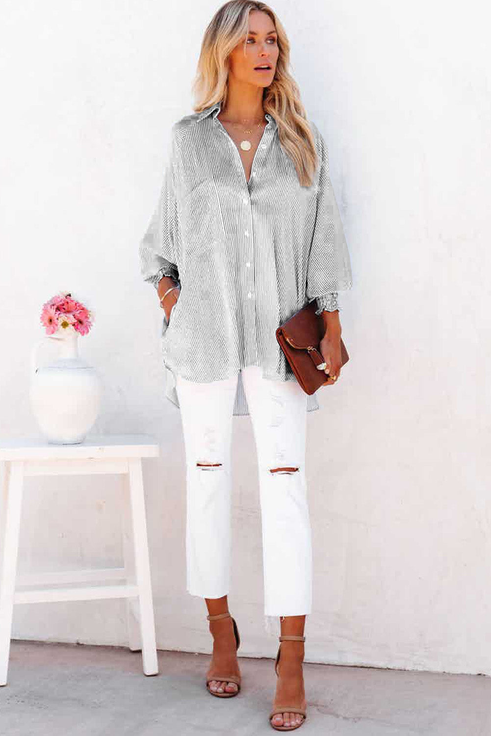 Light Blue Casual Striped Shirred Cuffs Shirt