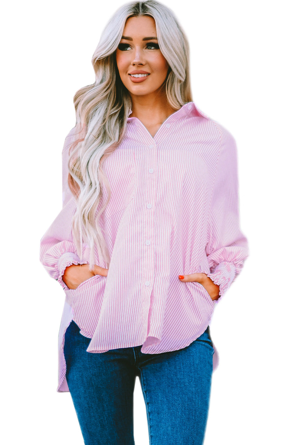 Light Blue Casual Striped Shirred Cuffs Shirt