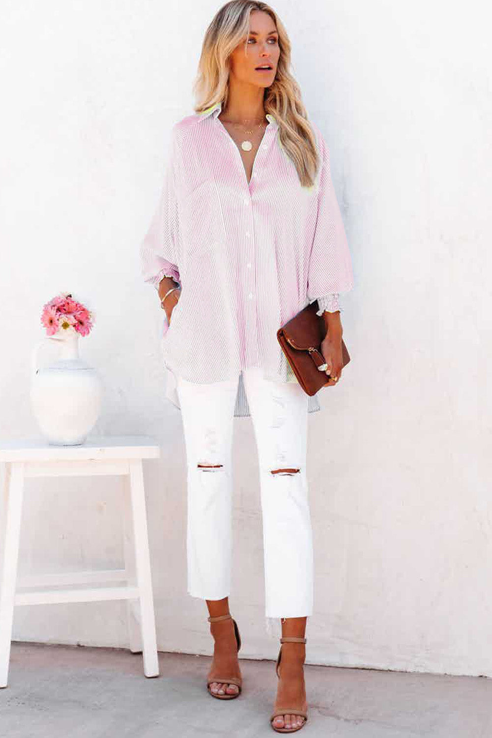 Light Blue Casual Striped Shirred Cuffs Shirt