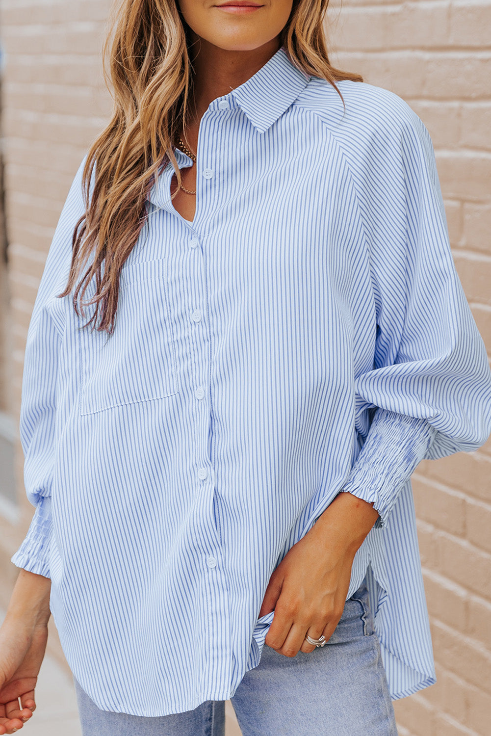 Light Blue Casual Striped Shirred Cuffs Shirt