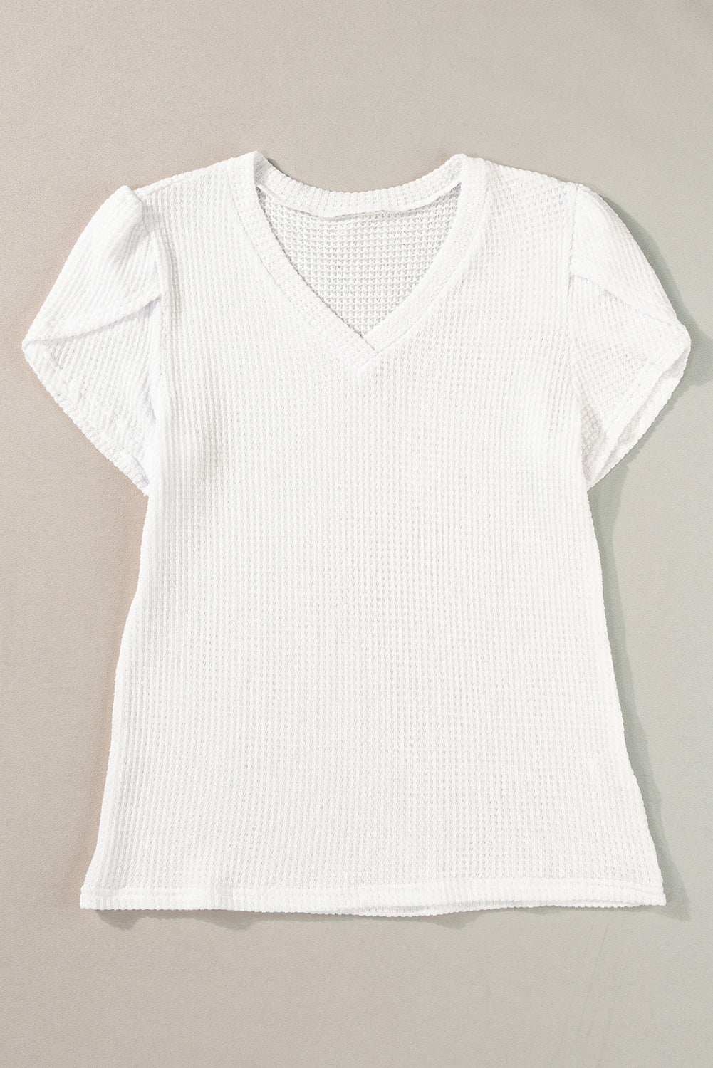 Camel Tulip Sleeve Waffle Knit V Neck T-Shirt
