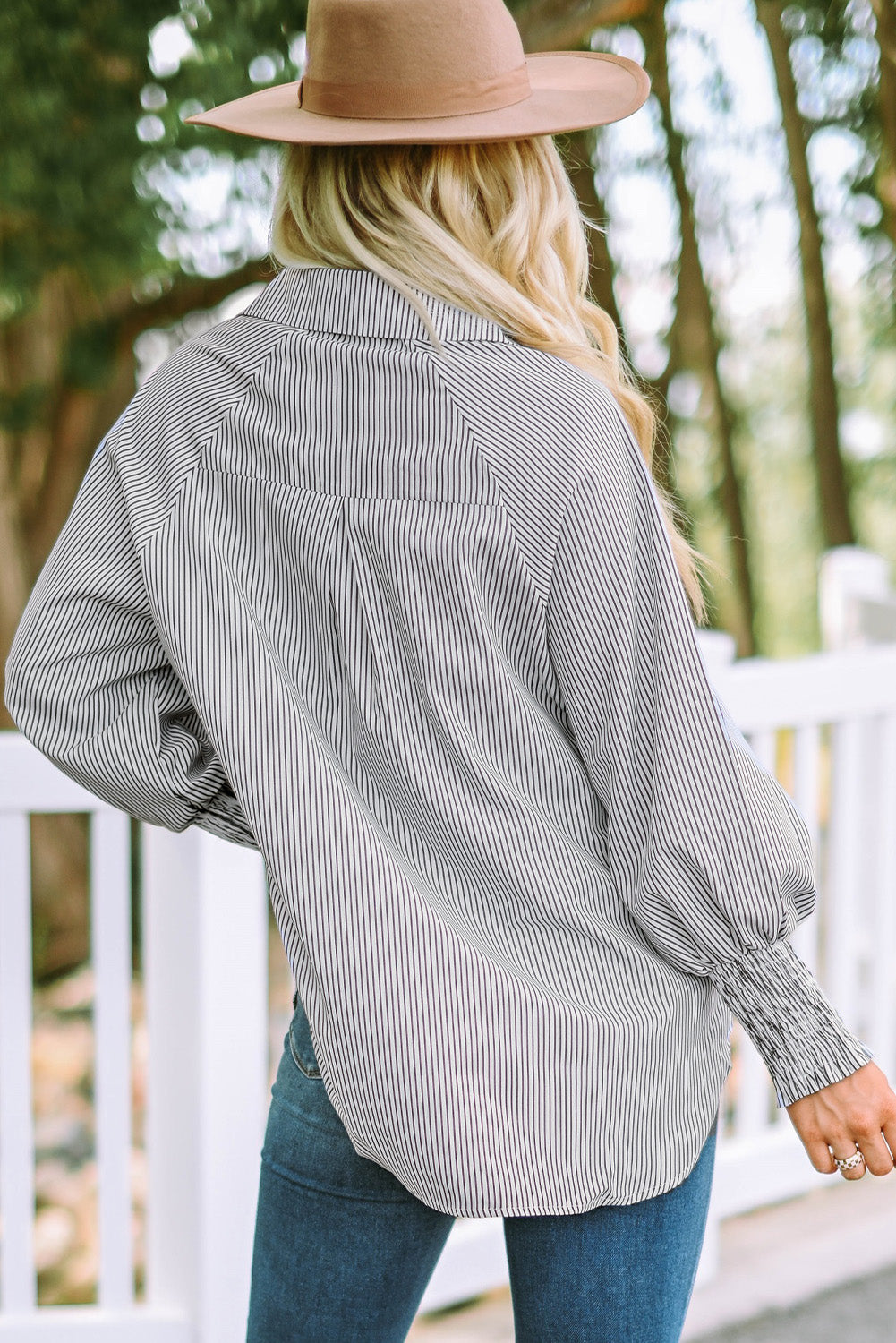 Light Blue Casual Striped Shirred Cuffs Shirt