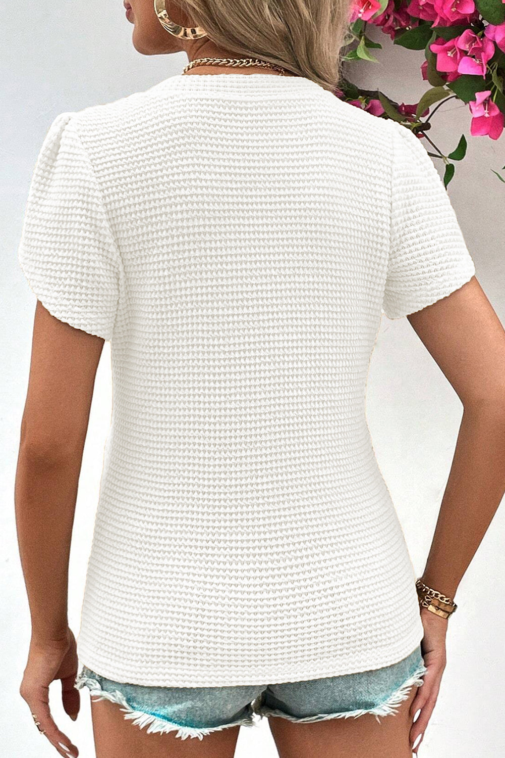 Camel Tulip Sleeve Waffle Knit V Neck T-Shirt