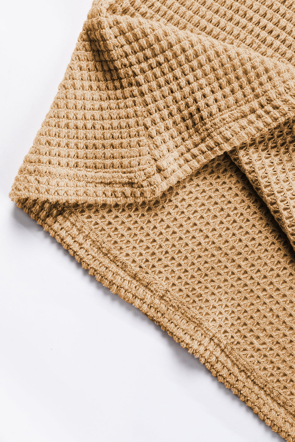 Camel Tulip Sleeve Waffle Knit V Neck T-Shirt