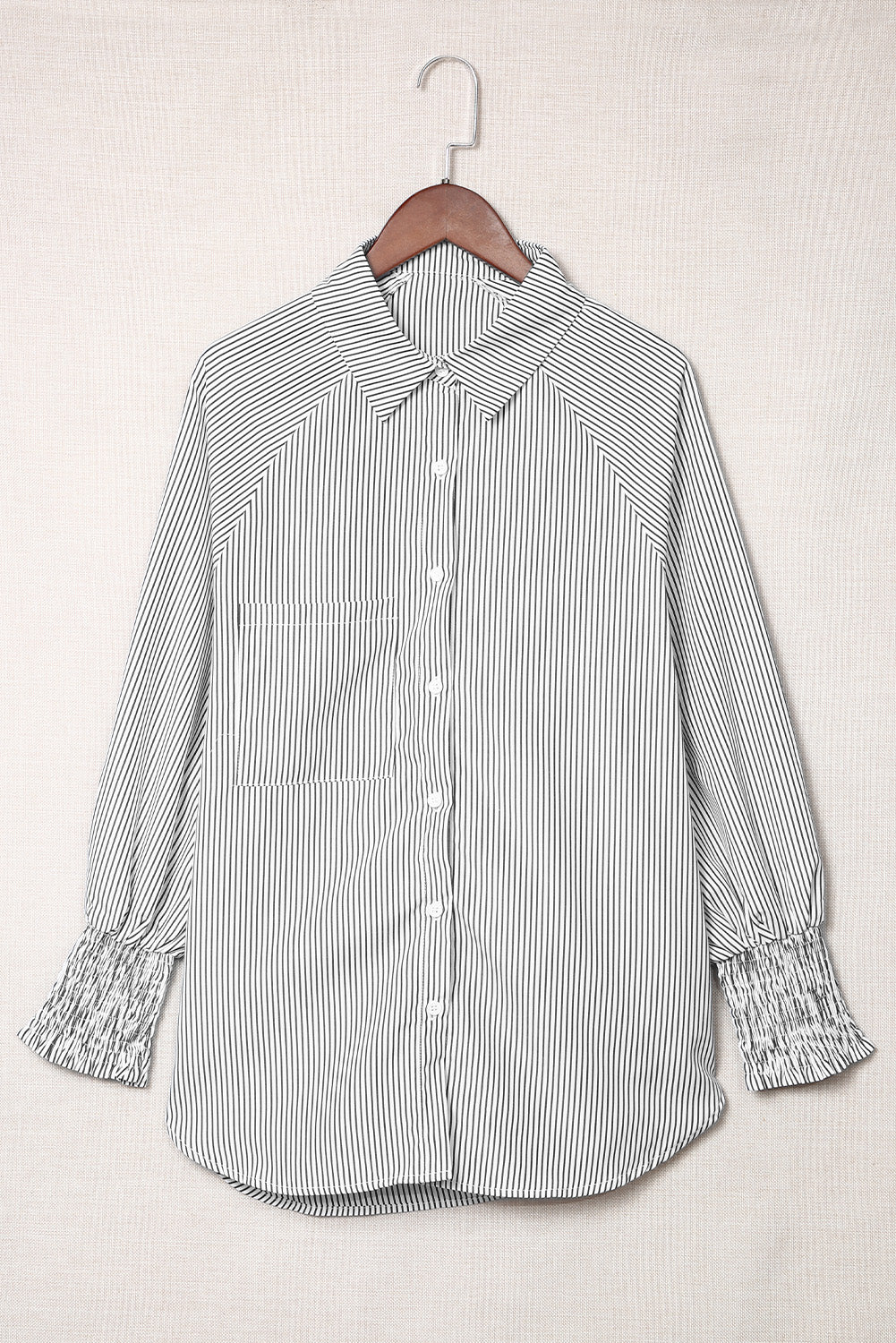 Light Blue Casual Striped Shirred Cuffs Shirt