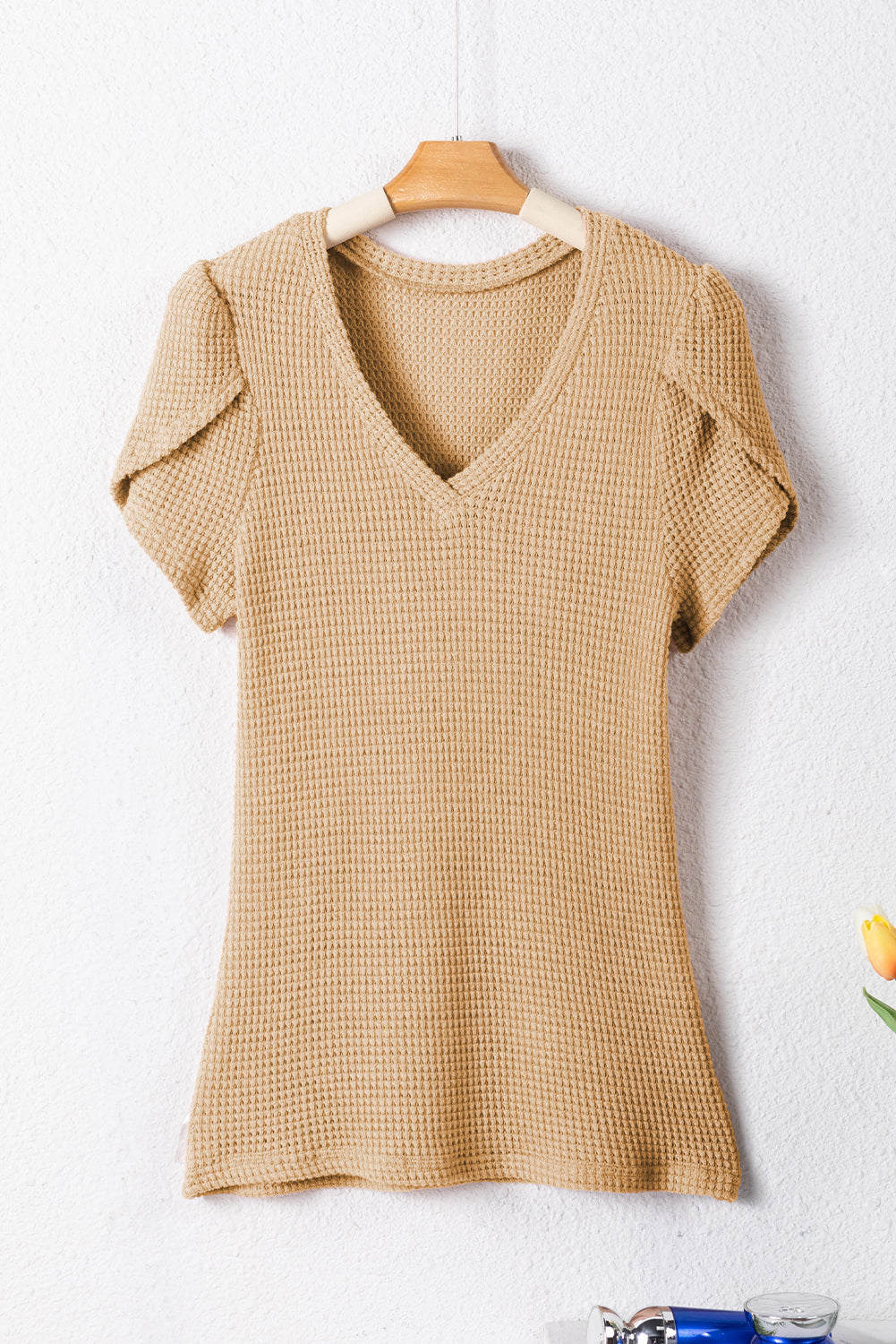 Camel Tulip Sleeve Waffle Knit V Neck T-Shirt