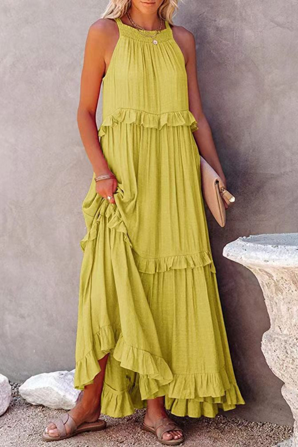 Dark Green Ruffle Hem Pleated Flowy Maxi Dress