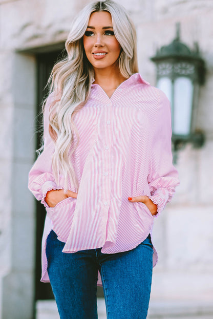 Light Blue Casual Striped Shirred Cuffs Shirt