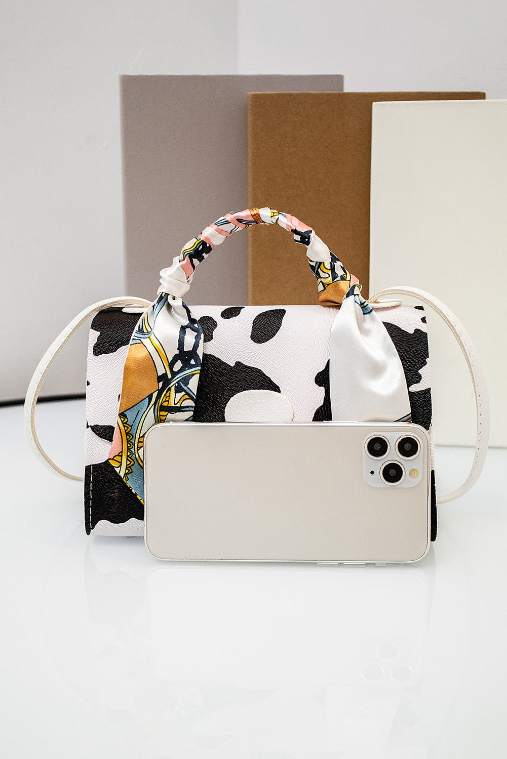 Coffee Geometric Pattern Ribbon Decor PU Leather Bag