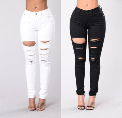 New casual sexy jeans woman cotton denim trousers slim mid waist ripped holes pencil pants cowboy jeans femme