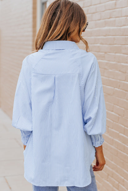 Light Blue Casual Striped Shirred Cuffs Shirt