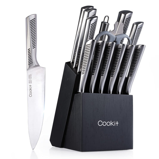 Kitchen Knife Set, 15 Piece Knife Sets with Block, Chef Knives with Non-Slip German Stainless Steel Hollow Handle Cutlery Set with Multifunctional Scissors Knife Sharpener   Platform Banned