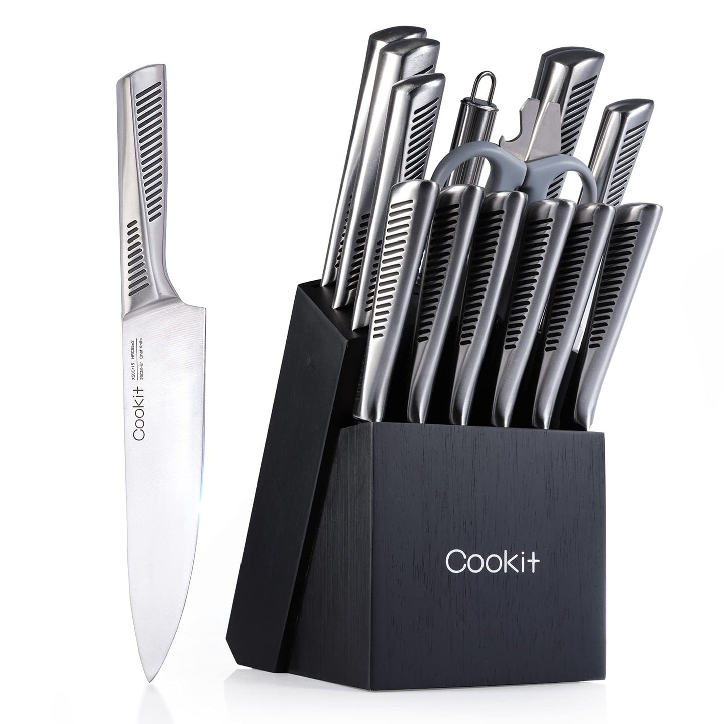 Kitchen Knife Set, 15 Piece Knife Sets with Block, Chef Knives with Non-Slip German Stainless Steel Hollow Handle Cutlery Set with Multifunctional Scissors Knife Sharpener   Platform Banned