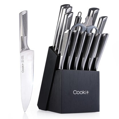 Kitchen Knife Set, 15 Piece Knife Sets with Block, Chef Knives with Non-Slip German Stainless Steel Hollow Handle Cutlery Set with Multifunctional Scissors Knife Sharpener   Platform Banned