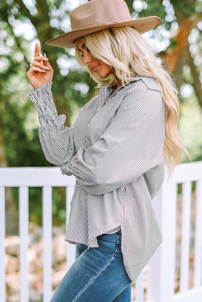 Light Blue Casual Striped Shirred Cuffs Shirt