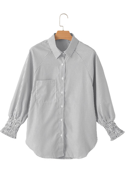 Light Blue Casual Striped Shirred Cuffs Shirt