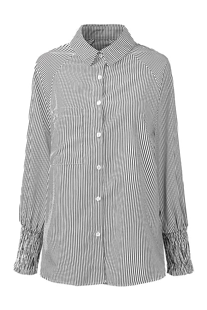 Light Blue Casual Striped Shirred Cuffs Shirt