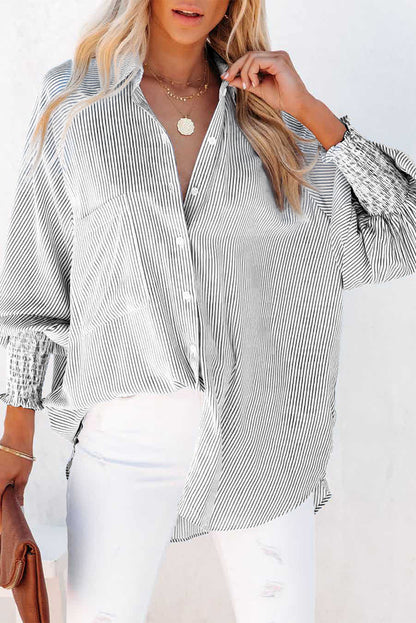 Light Blue Casual Striped Shirred Cuffs Shirt