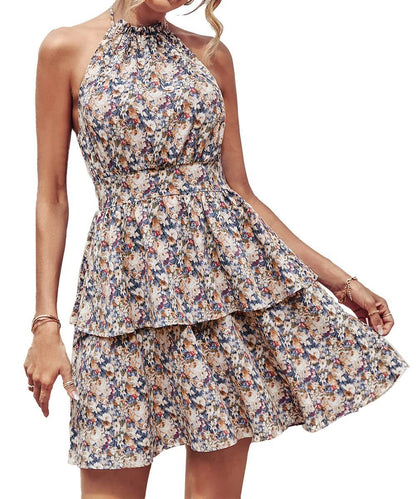 Summer Printed Halter Dress Fashion Boho Backless Ruffled A-Line Dresses For Womens Clothing
