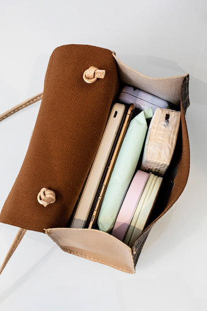Coffee Geometric Pattern Ribbon Decor PU Leather Bag