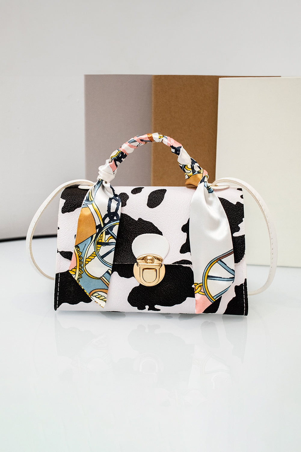 Coffee Geometric Pattern Ribbon Decor PU Leather Bag