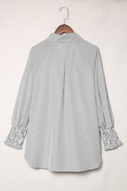 Light Blue Casual Striped Shirred Cuffs Shirt