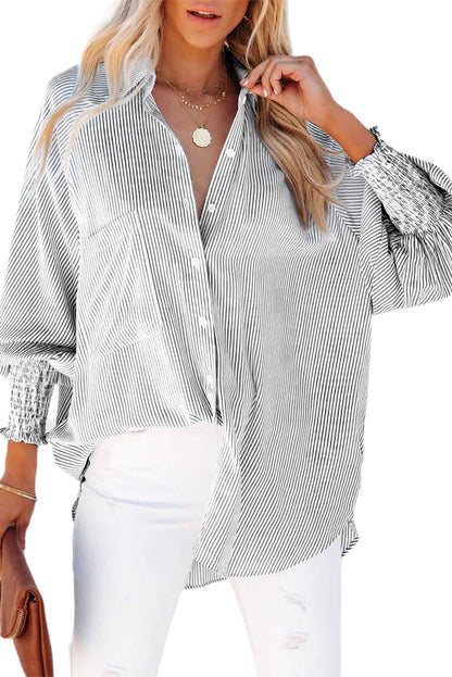 Light Blue Casual Striped Shirred Cuffs Shirt
