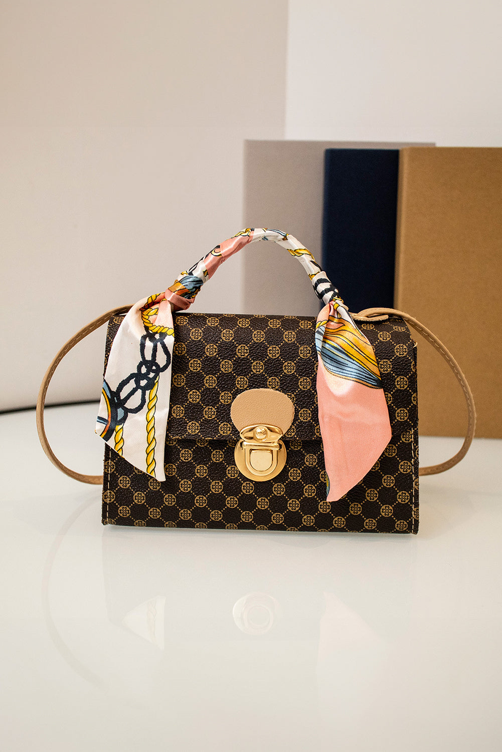 Coffee Geometric Pattern Ribbon Decor PU Leather Bag