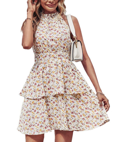 Summer Printed Halter Dress Fashion Boho Backless Ruffled A-Line Dresses For Womens Clothing