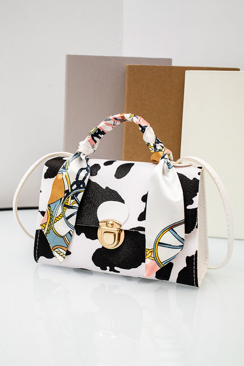 Coffee Geometric Pattern Ribbon Decor PU Leather Bag