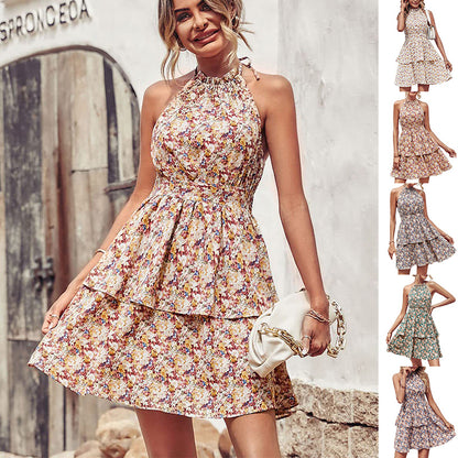 Summer Printed Halter Dress Fashion Boho Backless Ruffled A-Line Dresses For Womens Clothing