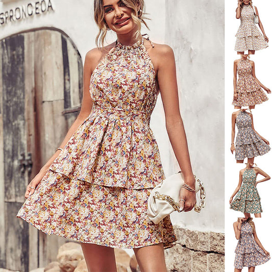 Summer Printed Halter Dress Fashion Boho Backless Ruffled A-Line Dresses For Womens Clothing