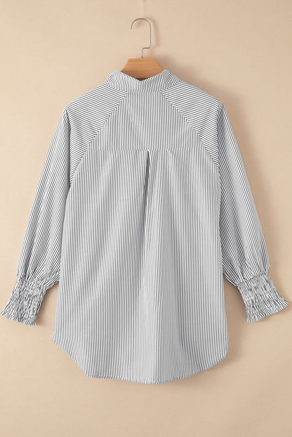 Light Blue Casual Striped Shirred Cuffs Shirt