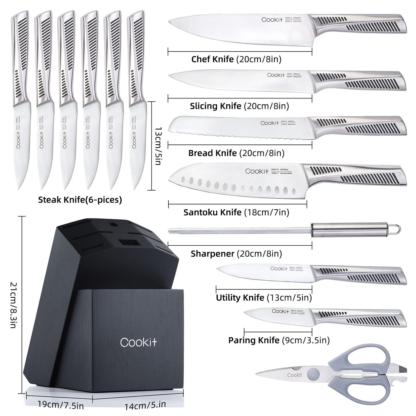 Kitchen Knife Set, 15 Piece Knife Sets with Block, Chef Knives with Non-Slip German Stainless Steel Hollow Handle Cutlery Set with Multifunctional Scissors Knife Sharpener   Platform Banned