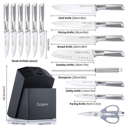 Kitchen Knife Set, 15 Piece Knife Sets with Block, Chef Knives with Non-Slip German Stainless Steel Hollow Handle Cutlery Set with Multifunctional Scissors Knife Sharpener   Platform Banned