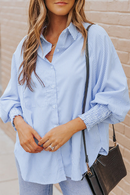 Light Blue Casual Striped Shirred Cuffs Shirt