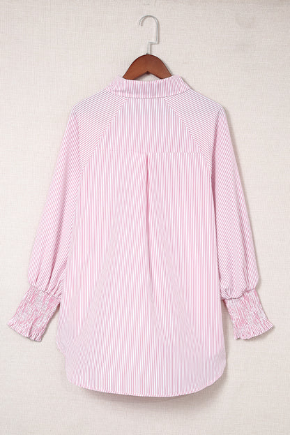 Light Blue Casual Striped Shirred Cuffs Shirt