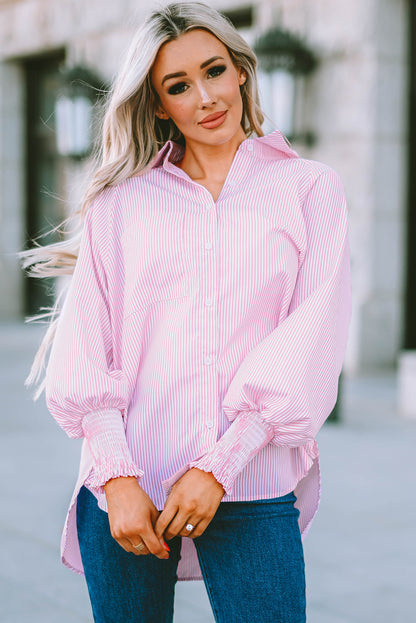 Light Blue Casual Striped Shirred Cuffs Shirt