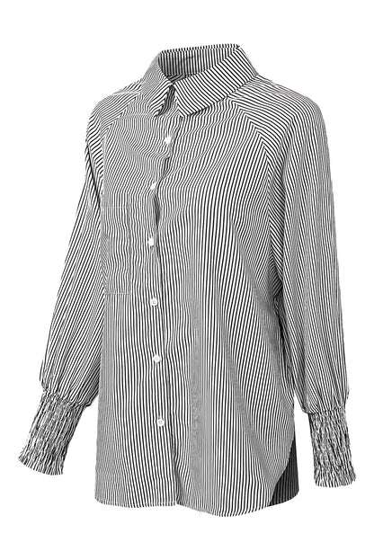 Light Blue Casual Striped Shirred Cuffs Shirt