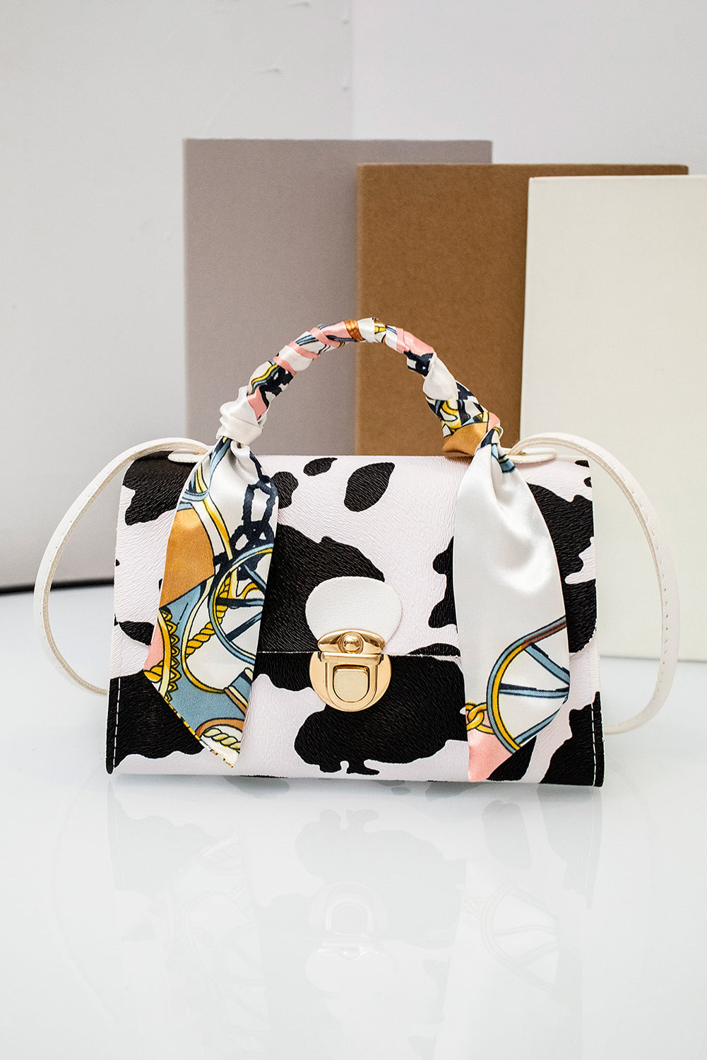 Coffee Geometric Pattern Ribbon Decor PU Leather Bag