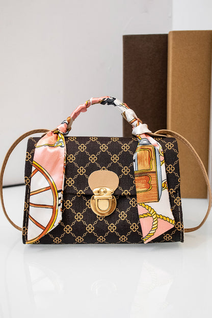 Coffee Geometric Pattern Ribbon Decor PU Leather Bag