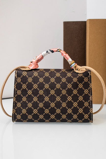 Coffee Geometric Pattern Ribbon Decor PU Leather Bag