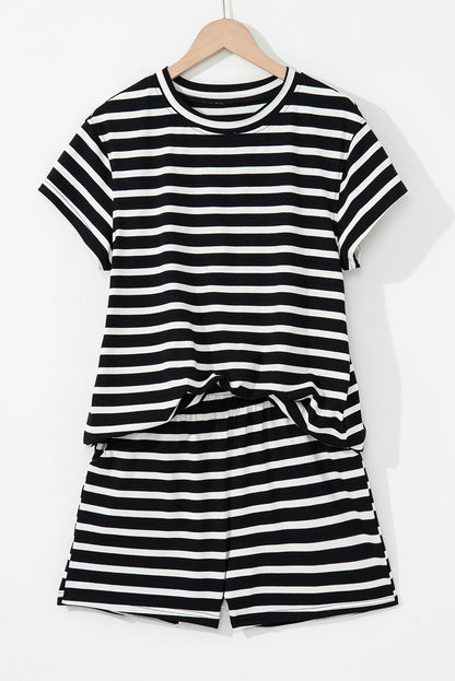 Black White Striped Short Sleeve Top and Shorts Set