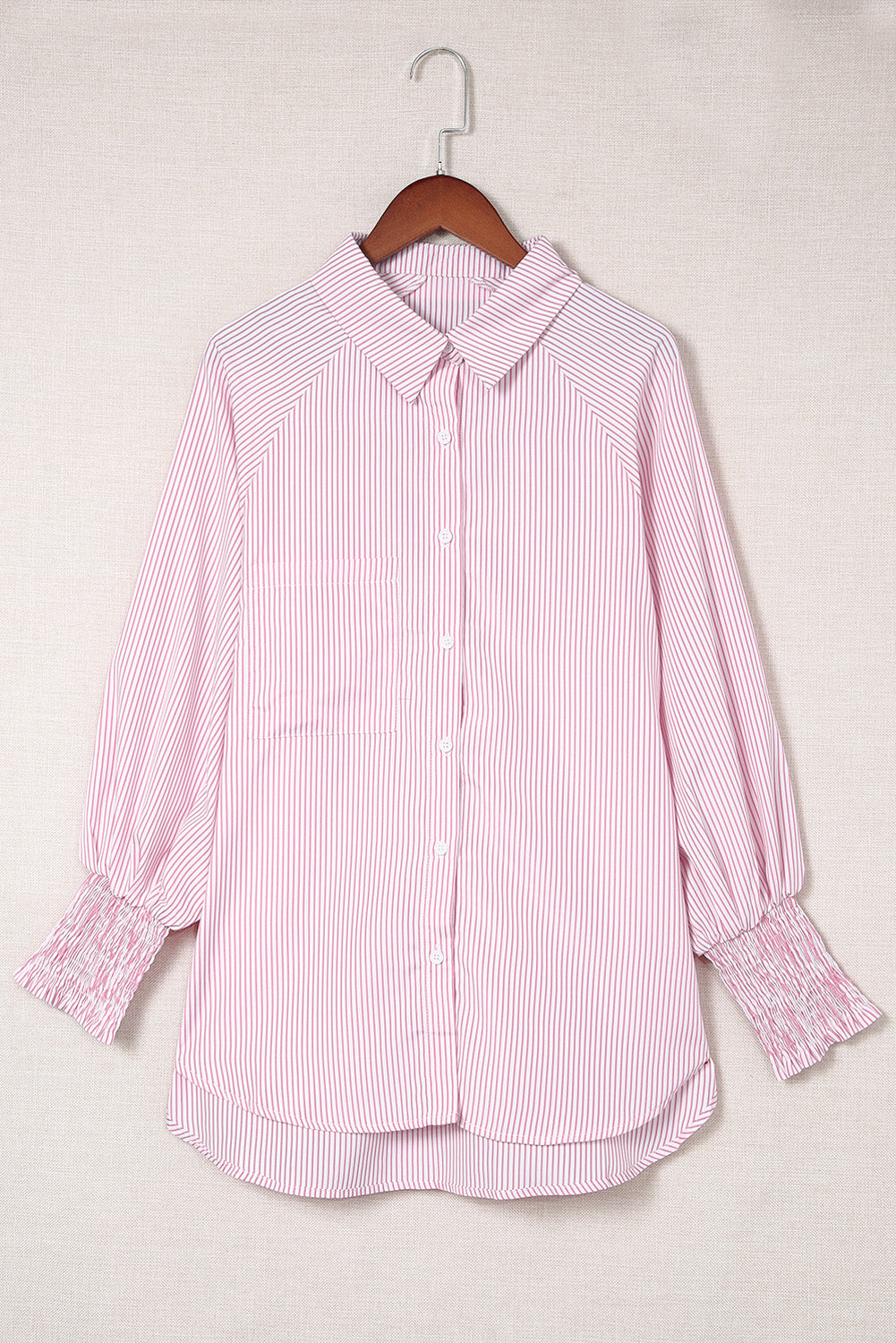 Light Blue Casual Striped Shirred Cuffs Shirt