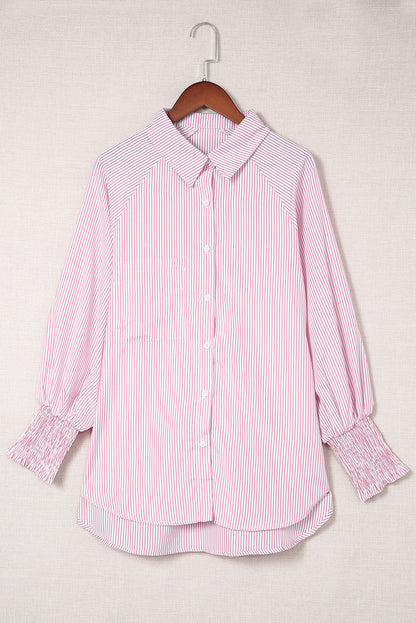 Light Blue Casual Striped Shirred Cuffs Shirt
