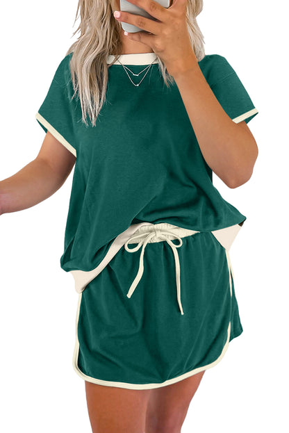 Evergreen Colorblock Edge Drop Shoulder T Shirt and Skort 2Pcs Set