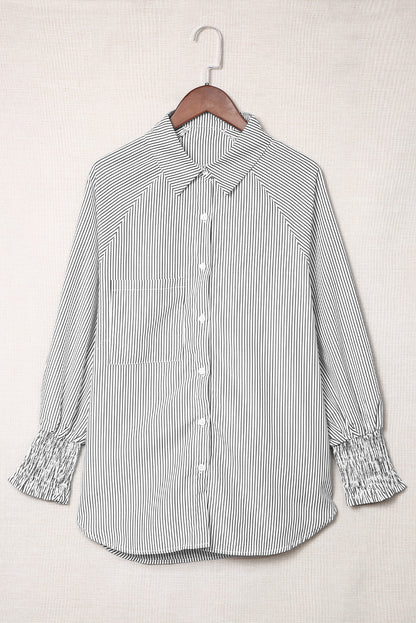 Light Blue Casual Striped Shirred Cuffs Shirt